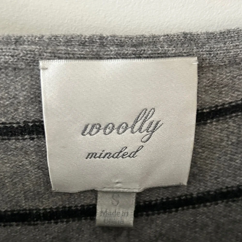 Woolly Minded Wool Cashmere Gray Striped Leather Shoulder Patch Crewneck Sweater